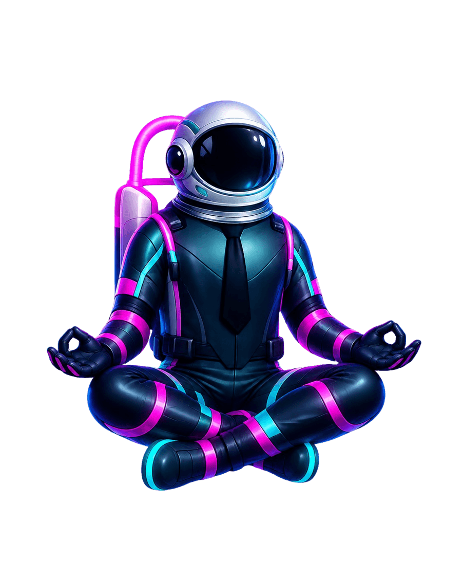 The Novera astronaut floating cross-legged, calm and meditating