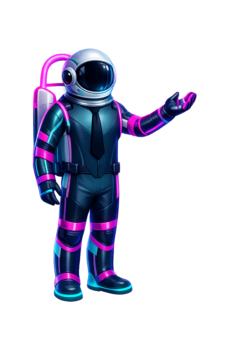 The Novera astronaut, in a dark suit with neon pink and cyan stripes and a tie, presenting with an open hand